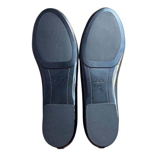 Zara Patent Mary Jane Ballet Flats Black Size 10 Strap & Buckle Round Toe Vegan - Picture 4 of 6